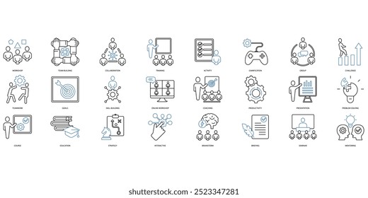 Ícones do workshop definidos. Conjunto de ícones de traçado editáveis.Conjunto de Workshop