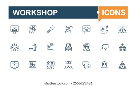 Workshop icons set in line style. Includes icons for discussion, audience, workshop, office, presentation, organisation, seminar and more. Simple icon designs. Editable stroke.