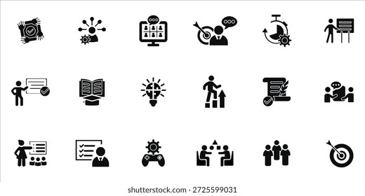 Werkstattsymbole gesetzt. Workshop, Training, Teambildung, Coaching, Teamarbeit, Briefing, Ziele und mehr. einfache einfarbige Vektorgrafik