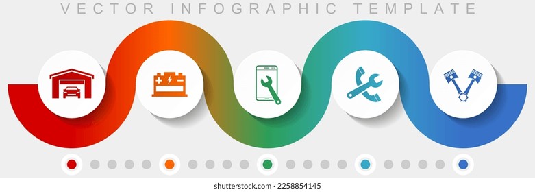 Plantilla de vector infográfico de taller con conjunto de iconos, iconos diversos como pistones, batería, servicio y herramientas para diseño web y aplicaciones móviles