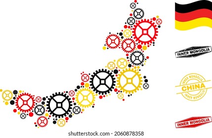 Workshop Inner Mongolia map mosaic and seals. Vector collage is created of service icons in different sizes, and Germany flag official colors - red, yellow, black.