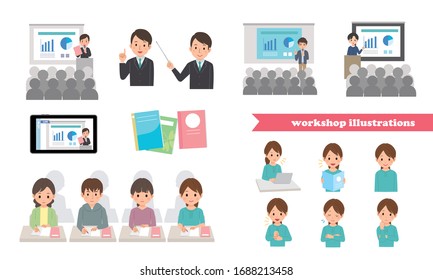 Instructor del taller y conjunto de ilustraciones para estudiantes