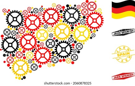 Workshop Jaen Spanish Province map mosaic and seals. Vector collage is formed with cog elements in different sizes, and Germany flag official colors - red, yellow, black.