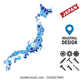 Workshop Japan map collage of wheels, spanners, hammers and other hardware. Abstract geographic plan in blue color tints. Vector Japan map is organized of equipment items. Concept of technician job.