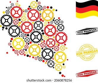 Workshop Koh Phangan map collage and stamps. Vector collage created of repair workshop items in various sizes, and Germany flag official colors - red, yellow, black.