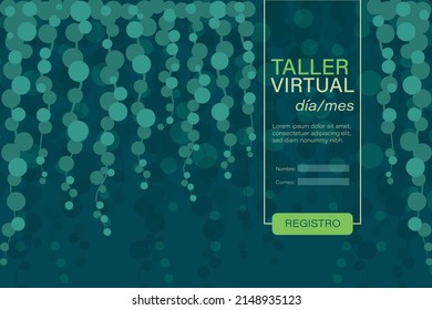Workshop landing page in shades of green. Registration data. The title says: virtual workshop, day, month. In the text boxes: name and email. On the button: enter.