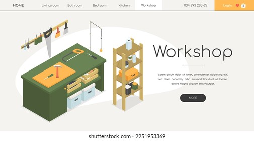 Workshop - line design style isometric web banner on white background with copy space for text. Workplace with tools - saw, hammer, screwdriver, spatula, cans of varnish and paint, watering can