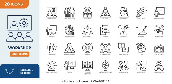 Workshop line editable icon set. Containing training, learn, skill, coaching, motivation, meeting, presentation, and more. Editable stroke. Vector illustration