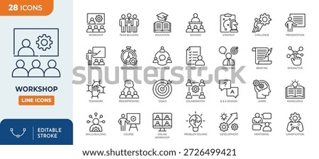 Workshop line editable icon set. Containing training, learn, skill, coaching, motivation, meeting, presentation, and more. Editable stroke. Vector illustration