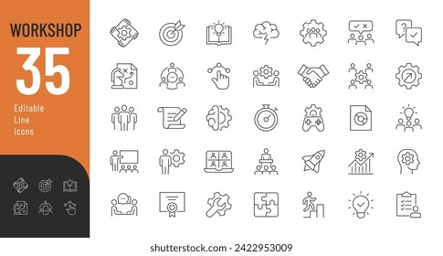 Workshop Line Editable Icons set. Vector illustration in modern thin line style of business related icon: team building, teamwork, coaching, education, and more. Isolated on white