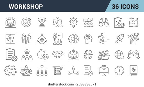 Workshop Line Editable Icons Set. teamwork, building, team, coaching, meeting, collaboration, education, conference, training, and more. vector illustration.