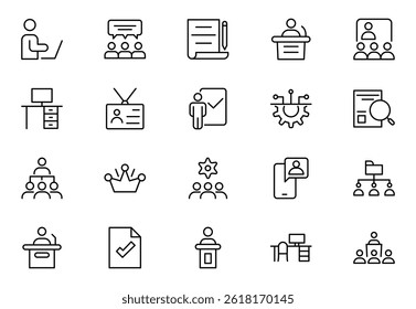 Conjunto de ícones da linha do workshop. Ícones de Workshop de Negócios para aplicativos móveis e da Web. Contendo a construção de equipe, trabalho em equipe, treinamento, reunião, gerenciamento, treinamento, motivação e muito mais