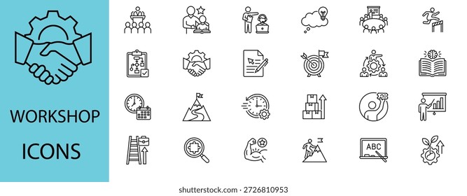 Conjunto de iconos de línea de taller. Contiene entrenamiento, aprendizaje, habilidad, coaching, motivación, reuniones, presentaciones y más. Trazo editable. Ilustración vectorial, Editable...

