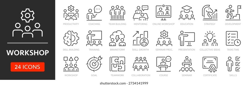 Workshop line icon set. Editable Stroke. Training, teamwork, coaching, goals, education, skill, seminar - stock vector.