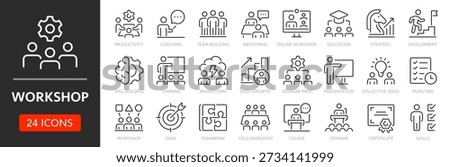 Workshop line icon set. Editable Stroke. Training, teamwork, coaching, goals, education, skill, seminar - stock vector.