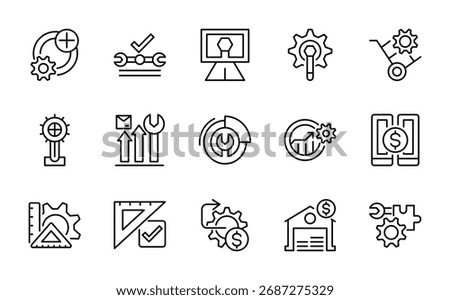 Workshop line icon set. Equipment, repair, expert, professional, service, technician, work, engineer, business, team building, teamwork, screwdriver, wrench line icon set. Ui thin line icon pack.