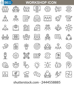 workshop line Icons set. Tool, collaboration, billboard, work, repair, engineer, workbench, hammer, materials and ladder. vector illustration