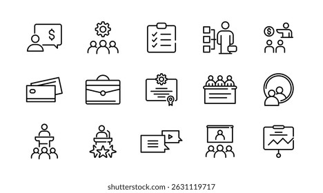Workshop linear icon set. Training, learn, teamwork, community, group, online, coaching, conference, monitoring, partnership, goals, problem-solving, outline icon collection. UI thin outline icon pack