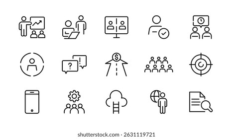 Workshop linear icon set. Training, learn, teamwork, community, group, online, coaching, conference, monitoring, partnership, goals, problem-solving, outline icon collection. UI thin outline icon pack