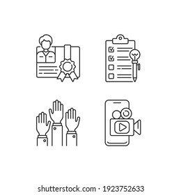 Workshop linear icons set. Mobile broadcast. Participation in educational project. Goals for study. Customizable thin line contour symbols. Isolated vector outline illustrations. Editable stroke