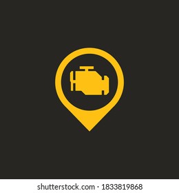 Workshop location tag icon. Location pin point with engine symbol in the middle.  Auto shop map marker. Mechanic place position tagging.