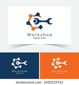 Workshop Logo Design Template. Workshop retro logo with wrench, screwdriver. Service work, repair label or logo. Tools concept.