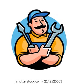 Workshop logo. Emblem mechanic with construction tools for auto repairing. Cartoon character vector illustration