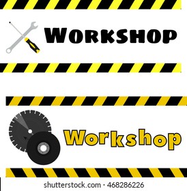 workshop logo with the image of a screwdriver, wrench and grinding discs