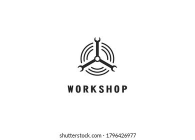 Workshop logo with a rotating wrench vector illustration.