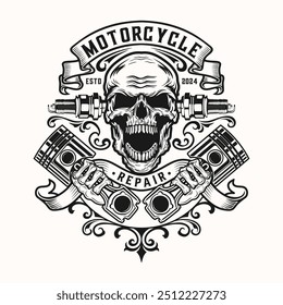 logotipo da oficina, pistões de motor de crânio vela de ignição e fita para oficina de reparação de automóveis ou motocicleta.