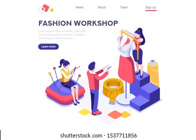 Workshop of Machine for Professional Fashion Hobby. Working Assistant Design Outfit, Cartoon Apparel. Business Create Creative Textile. Craft Material Concept Flat Vector Illustration Isometric Banner