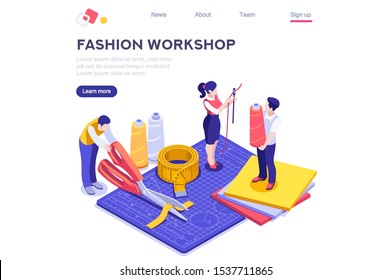 Workshop of Machine for Professional Fashion Hobby. Working Assistant Design Outfit, Cartoon Apparel. Business Create Creative Textile. Craft Material Concept Flat Vector Illustration Isometric Banner