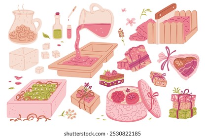Uma oficina para fazer sabão feito à mão. Ilustração vetorial com ferramentas básicas: moldes de silicone, base de sabão, corantes usados para fazer sabão aromático e orgânico para presente