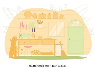 Taller para la elaboración de platos de madera ilustrada con vectores planos. Producción o Fabricación Familiar. Tabla o lugar de trabajo con equipo para artesanía de madera, objetos como tazas, placas, cucharas.