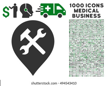 Workshop Map Marker icon with 1000 medical commerce green and gray vector pictographs. Set style is flat bicolor symbols, white background.