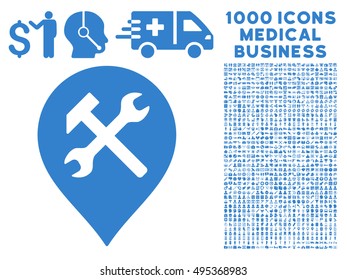 Workshop Map Marker icon with 1000 medical business cobalt vector pictograms. Set style is flat symbols, white background.