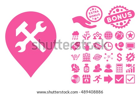 Workshop Map Marker icon with bonus icon set. Vector illustration style is flat iconic symbols, pink color, white background.