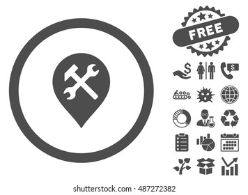 Workshop Map Marker icon with free bonus images. Vector illustration style is flat iconic symbols, gray color, white background.