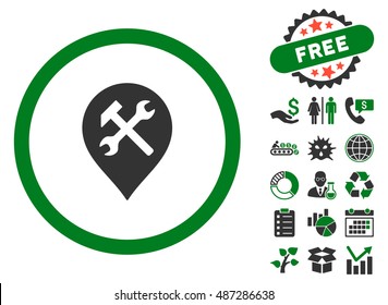 Workshop Map Marker icon with free bonus pictograph collection. Vector illustration style is flat iconic bicolor symbols, green and gray colors, white background.