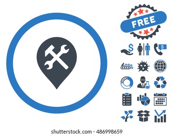 Workshop Map Marker pictograph with free bonus design elements. Vector illustration style is flat iconic bicolor symbols, smooth blue colors, white background.