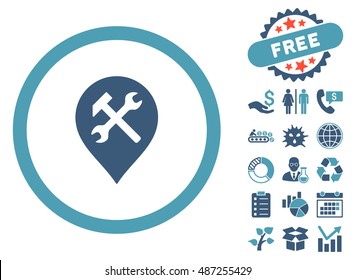 Workshop Map Marker pictograph with free bonus clip art. Vector illustration style is flat iconic bicolor symbols, cyan and blue colors, white background.