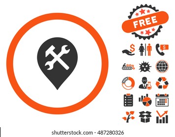 Workshop Map Marker pictograph with free bonus elements. Vector illustration style is flat iconic bicolor symbols, orange and gray colors, white background.