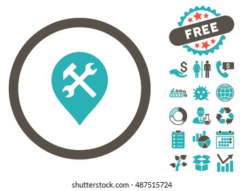 Workshop Map Marker pictograph with free bonus design elements. Vector illustration style is flat iconic bicolor symbols, grey and cyan colors, white background.