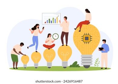 Workshop meeting, brainstorm cooperation for development of creative ideas. Tiny people work with small and big bright light bulbs, circuit inside digital project lamp cartoon vector illustration