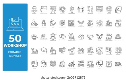 Workshop, Meeting, teamwork, learning flat icons set. 