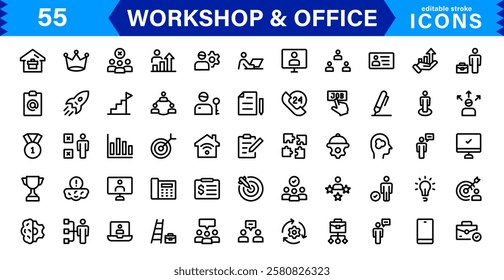 Workshop and  Office Icon Set. Professional Vector Icons with Outline, Minimalist, and Flat Designs for Tools, Business, Workspace, and Productivity