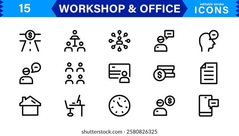 Workshop and  Office Icon Set. Professional Vector Icons with Outline, Minimalist, and Flat Designs for Tools, Business, Workspace, and Productivity