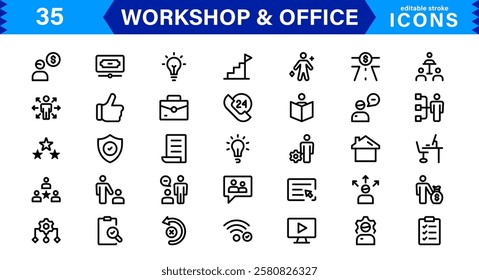 Workshop and  Office Icon Set. Professional Vector Icons with Outline, Minimalist, and Flat Designs for Tools, Business, Workspace, and Productivity