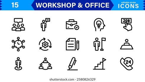 Workshop and  Office Icon Set. Professional Vector Icons with Outline, Minimalist, and Flat Designs for Tools, Business, Workspace, and Productivity