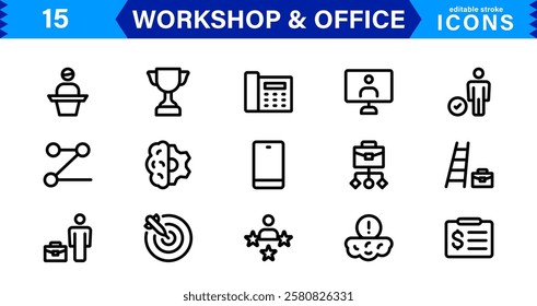 Workshop and  Office Icon Set. Professional Vector Icons with Outline, Minimalist, and Flat Designs for Tools, Business, Workspace, and Productivity